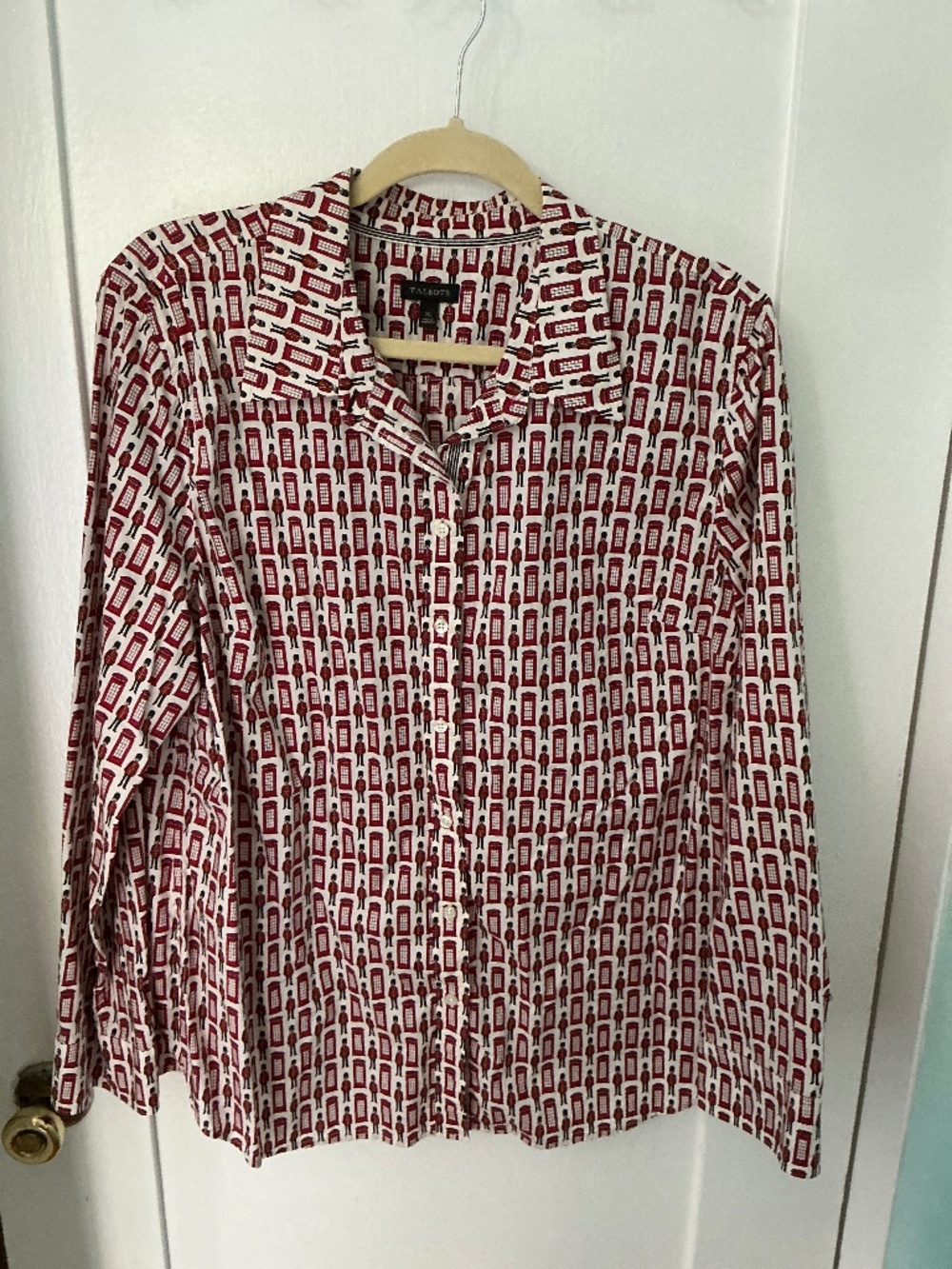 Talbots London Print Button-Down Shirt XL | British Phone Booth Novelty Blouse